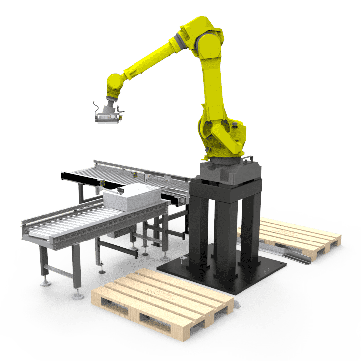 Sistema robot antropomórfico para paletizado en 2 palets, recibiendo producción desde transportadores de rodillo motorizado.