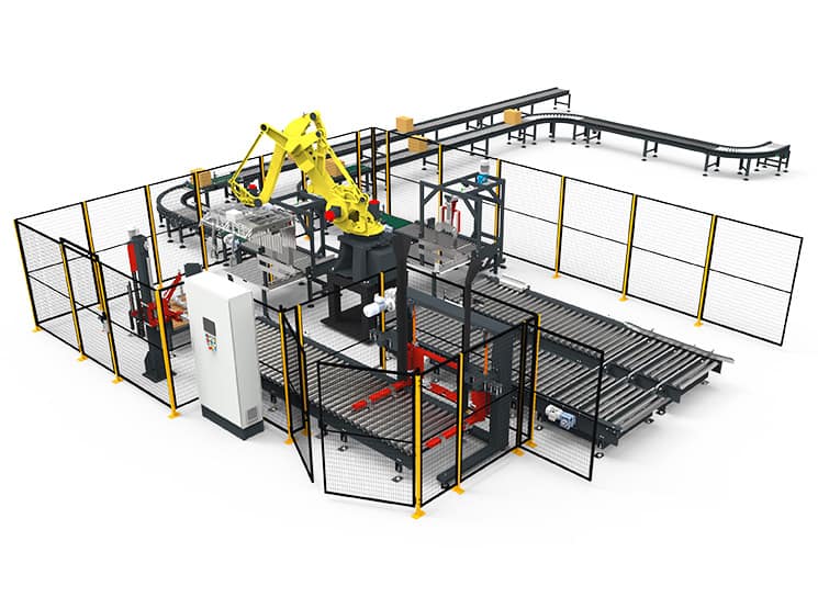 Sistema en línea de empaquetado y paletizado de dos líneas con robot antropomórfico.