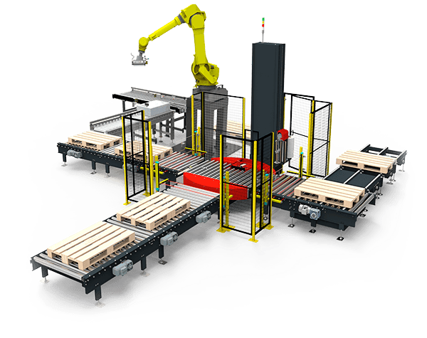 Línea de paletizado con robot y enfardado automático con transportadores de rodillos motorizados y cadenas