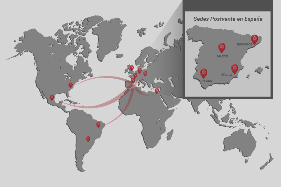 Mapa del mundo con las ciudades en las que Ear Flap tiene servicio posventa