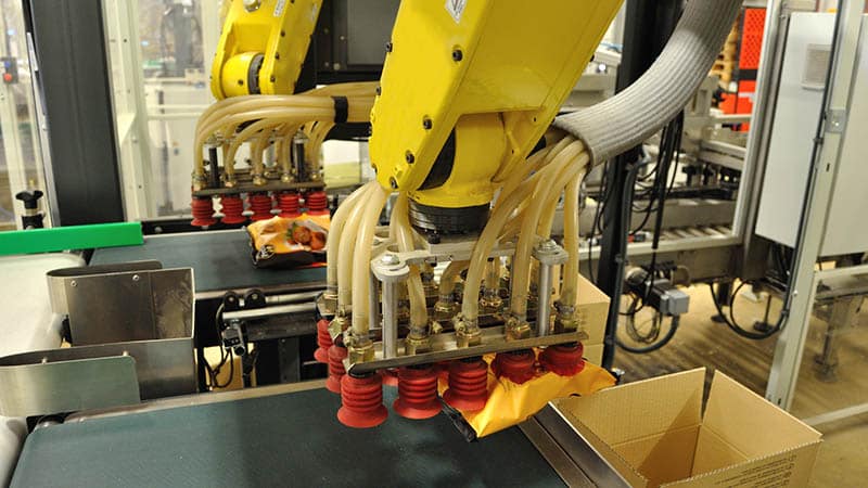 Garra de robot de brazo antropomórfico con ventosas recogiendo bolsas de producto e introduciéndolo en caja de cartón. Automatización de encajado.