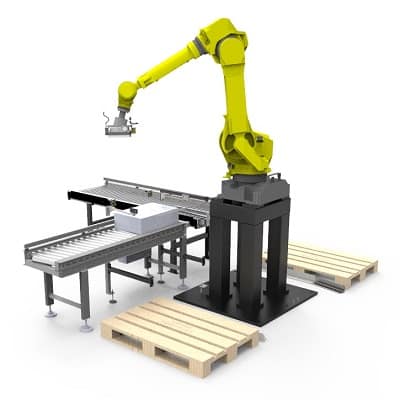 Sistema robot antropomórfico para paletizado en 2 palets, recibiendo producción desde transportadores de rodillo motorizado.