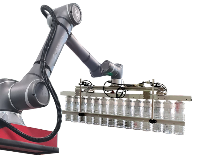 Brazo de robot colaborativo para despaletizado y paletizado en lineas automáticas portando botellas vacías